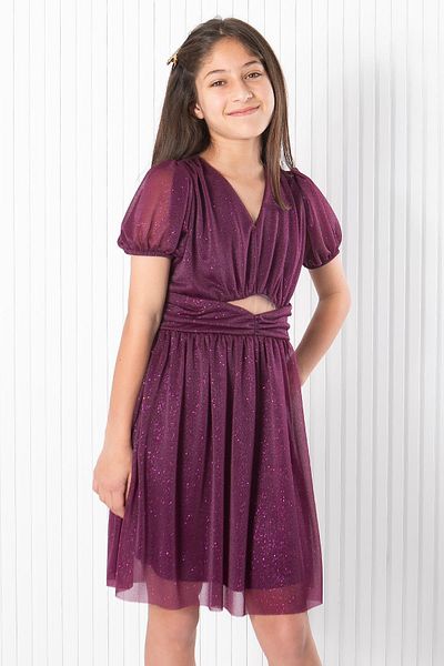 SUBU TASARIM Balloon Sleeve Glitter Tulle Evening Dress Plum MDV936