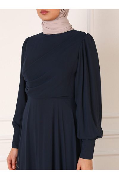 Refka Drape Detailed Chiffon Hijab Evening Dress - Navy Blue - Refka