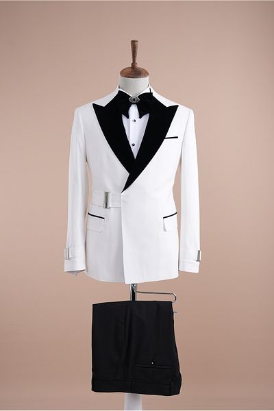 LONATOLİA Premium Men's Buckle Double Breasted Groom Suit Slim fit Italian Style Jacket Pants Bow Tie-White