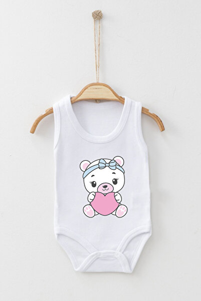 ADABEBEK Cute Teddy Bear Heart Printed Strap Snap Bodysuit