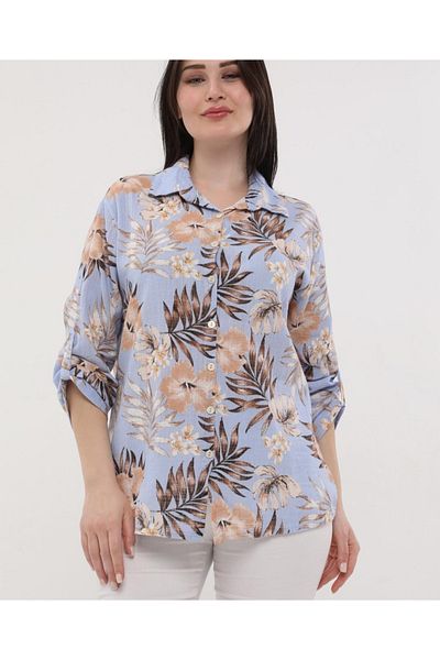 AKŞEN GİYİM Cămașă cu mâneci pliabile, 100% bumbac, in, țesătură cu model de flori