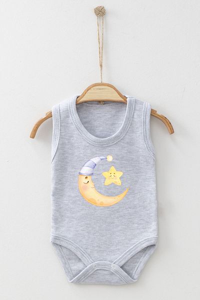 ADABEBEK Cute Moon and Star Patterned Printed Strap Snap-On Bodysuit