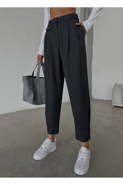 owwon Women's Gray High Waist Balloon Model Button Detailed Trousers
