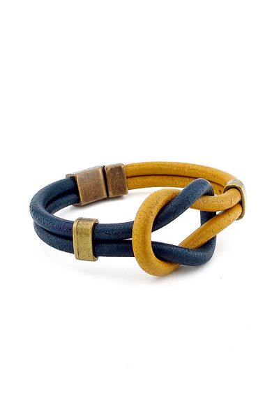 Solfera Yellow Navy Blue Alaçatı Knot Genuine Leather Men's Bracelet M051E