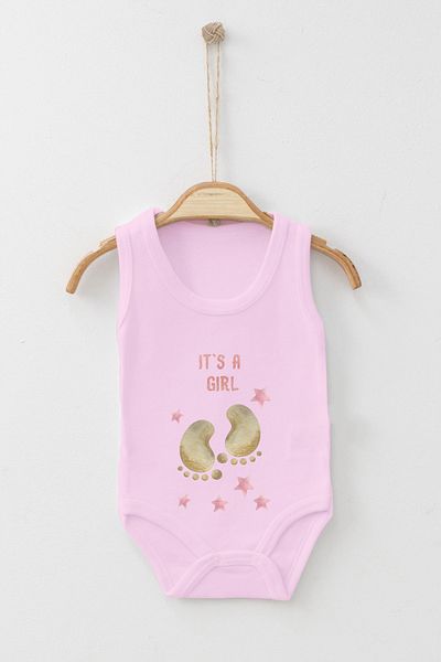 ADABEBEK It's a Girl's Written Foot Patterned Printed Strap Snap Bodysuit