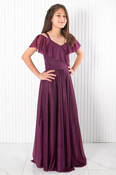 SUBU TASARIM Askılı Simli Abiye Elbise Mürdüm MDV938