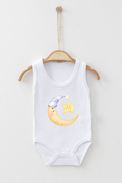 ADABEBEK Cute Moon and Star Patterned Printed Strap Snap-On Bodysuit