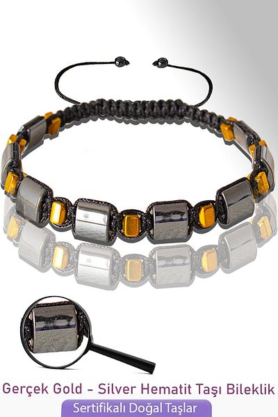 Tesbih Atölyesi Certified Real Gold - Silver Hematite Stone Bracelet - Adjustable