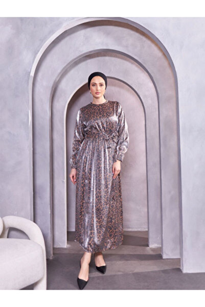 BERNEO Kadın Tesettür Leopar Varak Desenli Elbise