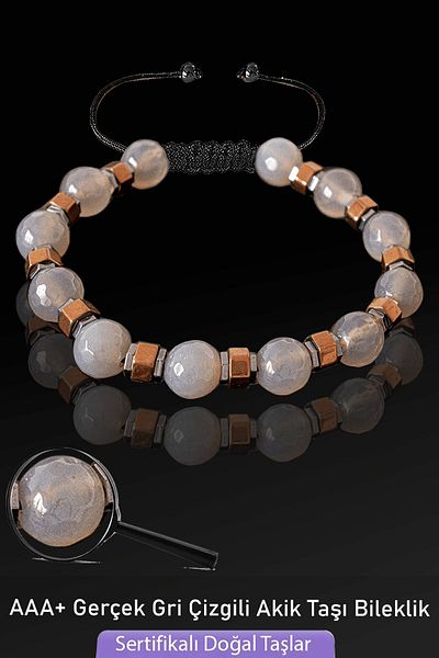 Tesbih Atölyesi Certified Faceted Real Gray Agate Stone Bracelet - Adjustable