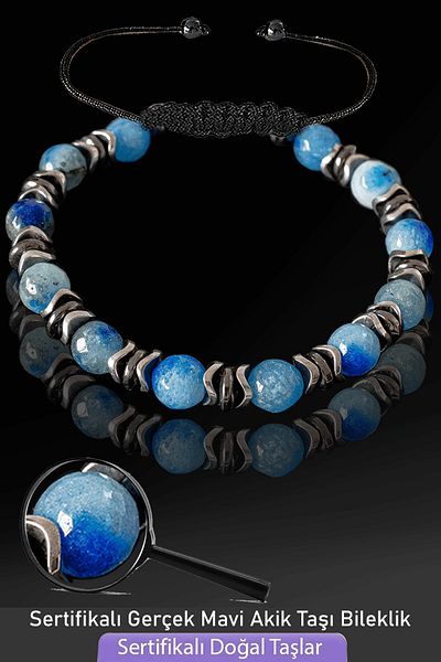 Tesbih Atölyesi Certified Real Faceted Blue Agate Stone Bracelet - Adjustable