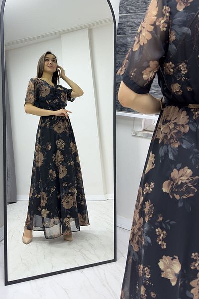 Elbise Delisi Plus Size Navy Blue Chiffon Dress - Short Sleeve, Lined, Green Floral Pattern
