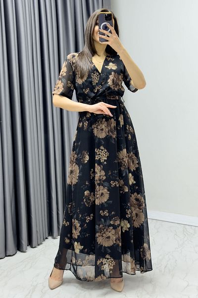Elbise Delisi Plus Size Navy Blue Chiffon Dress - Short Sleeve, Lined, Green Floral Pattern