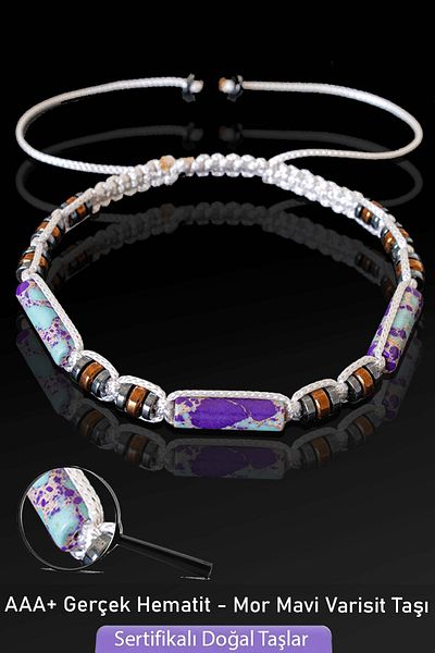 Tesbih Atölyesi Certified Real Blue - Purple Varicite Stone Bracelet - Adjustable