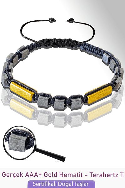 Tesbih Atölyesi Certified Gold Hematite - Rectangle - Terahertz Stone Bracelet (Vibration Stone)