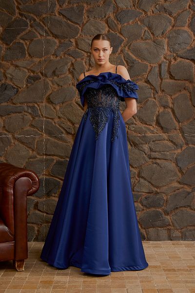 Lenta Moda Navy Blue Embroidered Maxi Length Satin Evening Dress and Evening Dress with Changeable Collar Detail
