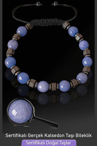 Tesbih Atölyesi Certified Matte Hematite Real Blue Chalcedony Stone Bracelet - Adjustable