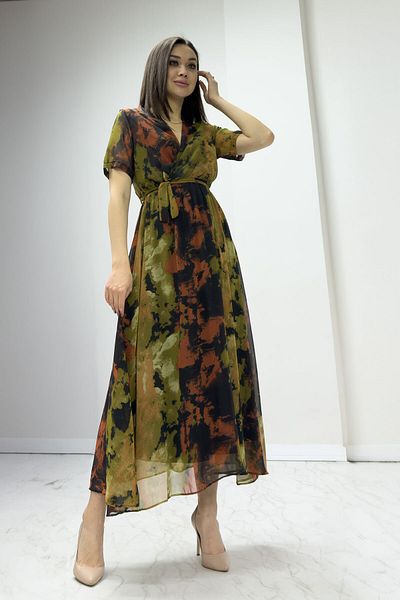 Elbise Delisi Short Sleeve Lined Plus Size Chiffon Dress Leopard, Navy, Black, Tie-Dye, Brown, Green Floral