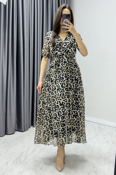 Elbise Delisi Short Sleeve Lined Plus Size Chiffon Dress Leopard, Navy, Black, Tie-Dye, Brown, Green Floral