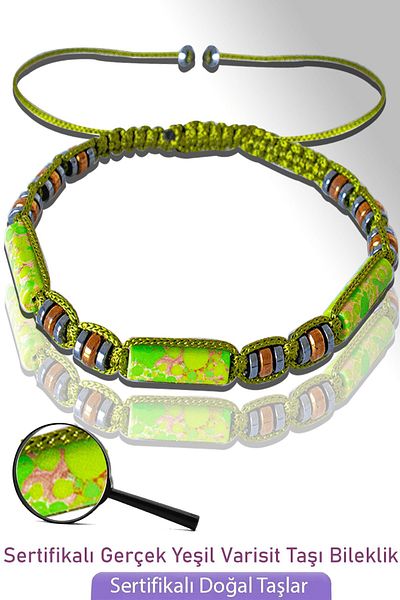 Tesbih Atölyesi Certified Real Hematite - Green Variscite Stone Bracelet - Adjustable