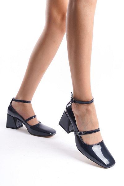 Modabuymus Kulia Navy Blue Patent Leather Mary Jane Thick Heeled Blunt Toe Strap Shoes