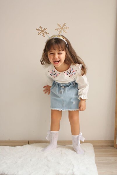 JELİBOOM طقم جينز علوي من القطن الممشط بتفاصيل منسوجة باللون الأبيض والأزرق (2-3 سنوات)