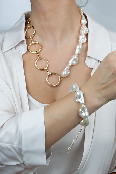 Pridza Baroque Pearl Gold Ring Necklace Bracelet Set