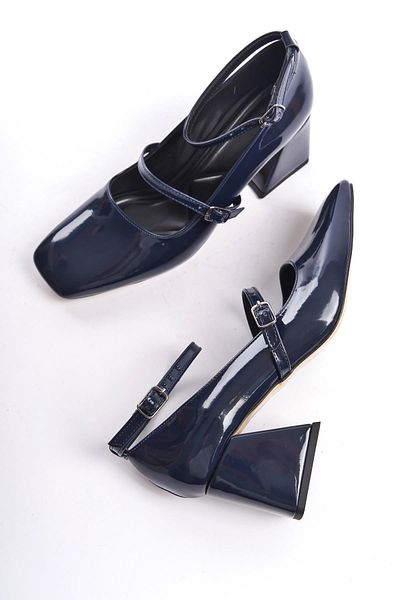 Modabuymus Kulia Navy Blue Patent Leather Mary Jane Thick Heeled Blunt Toe Strap Shoes