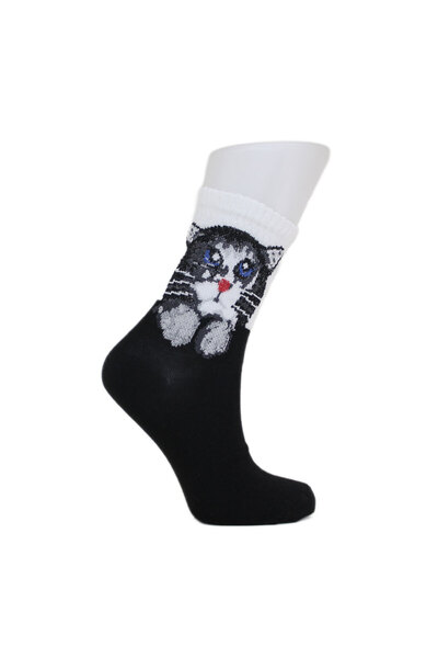 LOOKSOCKS Look Socks Yavru Kedi Desenli Siyah Kolej Çorap