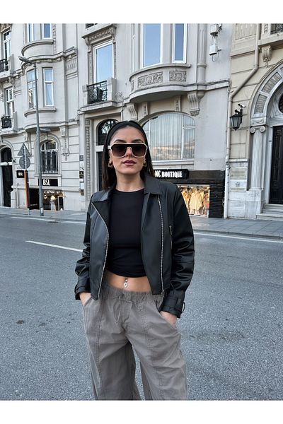 MEECY Lederjacke mit Ballonärmeln für Damen