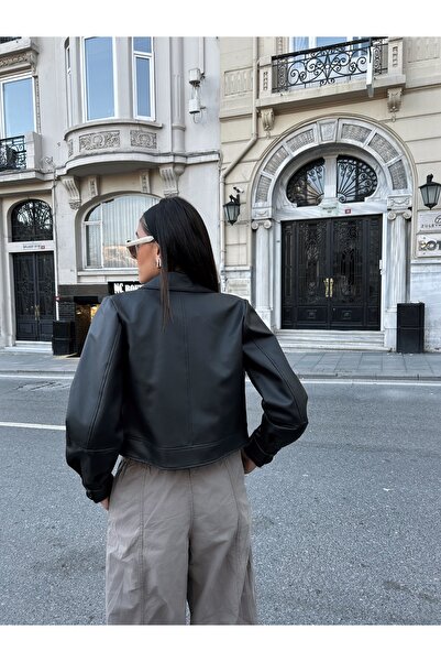 MEECY Γυναικείο δερμάτινο μπουφάν με μπαλόνι