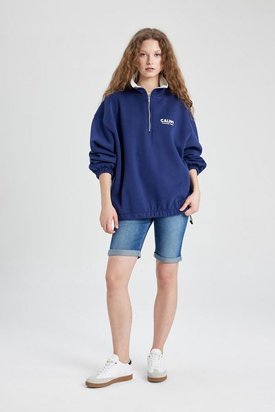 DeFacto Oversize Sweatshirt with Embroidery Detail - Half Zip, Thick C4581Ax24Sm