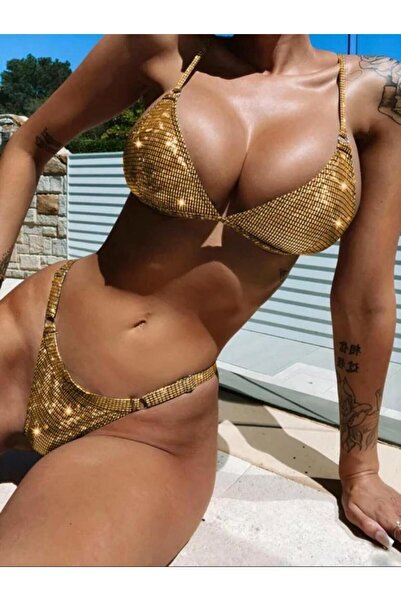 DESİGNEDBYD Kadın Parlak Sequins Yüksek Bacak Kesim Bikini Takımı Plaj Beachwear