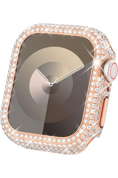 Nezih Case Apple Watch 7/8/9 45mm Uyumlu Çift Sıra Parlak Taşlı 360 Darbe Önl...
