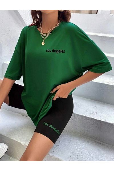 Josette Los Angeles Minimal T-Shirt - Πράσινη στάμπα με κοντό μανίκι με λαιμόκοψη