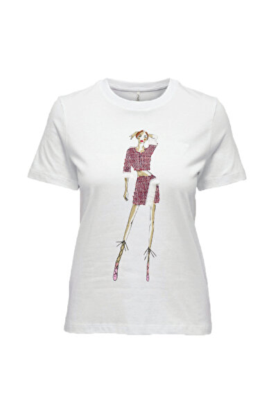 ONLY O Yaka Baskılı Beyaz Kadın T-Shirt ONLMOLLY REG S/S LADIES TOP BOX JRS
