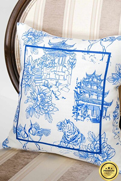 Finezza Festival cu imprimeu Husă de pernă din material textil, albastru crem...