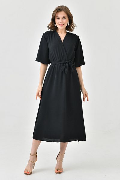 lovebox Aerobin Fabric Elastic Waist Belt Detailed Bat Sleeve 130 cm Midi Double Breasted Collar Black Dress 097