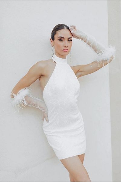 Limelia Otriş Feathered Tulle Bridal Wedding Gloves For Wedding Otriş Feathered Bridal Gloves White