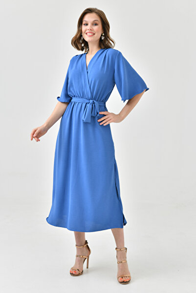 lovebox Aerobin Тканина Пояс на резинці Детальні рукави-крила 130 см Midi Круазе комір Індіго Синя сукня 097