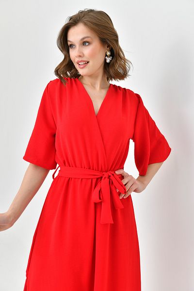lovebox Aerobin Fabrică cu centură elastică în talie Mânecă liliac detaliată 130 cm Rochie roșie cu guler dublu în piept midi 097