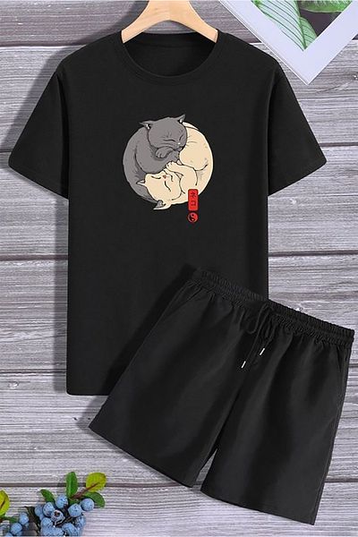 Josette Ying Yang Cats T-Shirt Shorts - Black Shorts T-Shirt Bottom Top Set Printed Crew Neck
