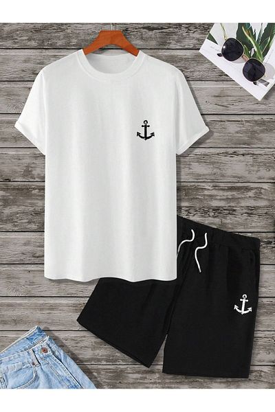 Josette Λευκό μαύρο Sailor Anchor T-shirt και σορτς - Σετ με στάμπα με λαιμόκοψη