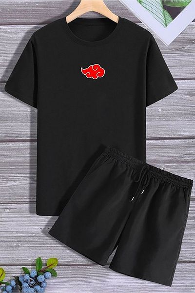 Josette Cloud Pattern T-Shirt Shorts - Black Shorts T-Shirt Top and Bottom Set Printed Crew Neck
