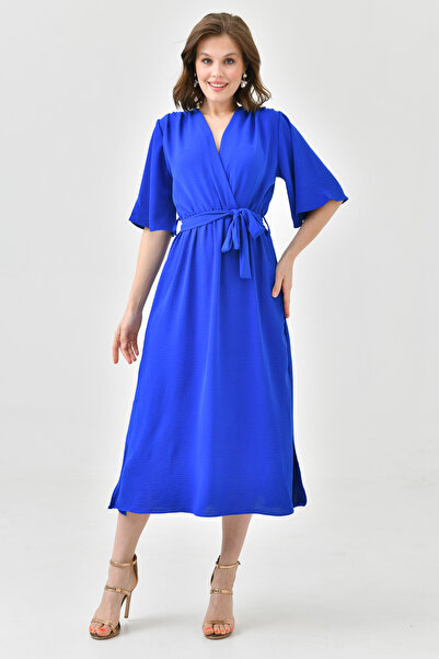 bayansepeti Жіноча аеробіка тканинний пояс Деталь талія на резинці Середня довжина 130 см Круазе комір Сакс Синя сукня 097