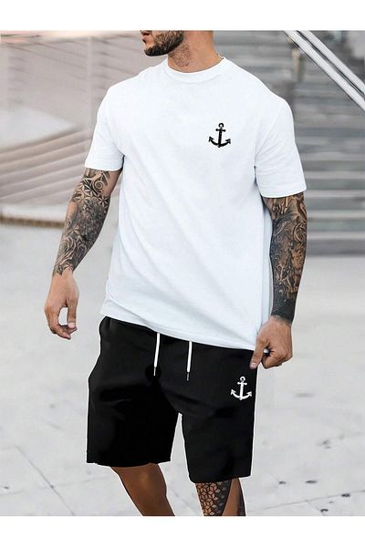 Josette Λευκό μαύρο Sailor Anchor T-shirt και σορτς - Σετ με στάμπα με λαιμόκοψη