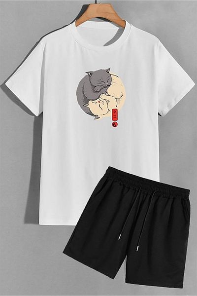 Josette Ying Yang Cats T-Shirt Shorts - White with Black Shorts T-Shirt Bottom Top Set Printed Crew Neck