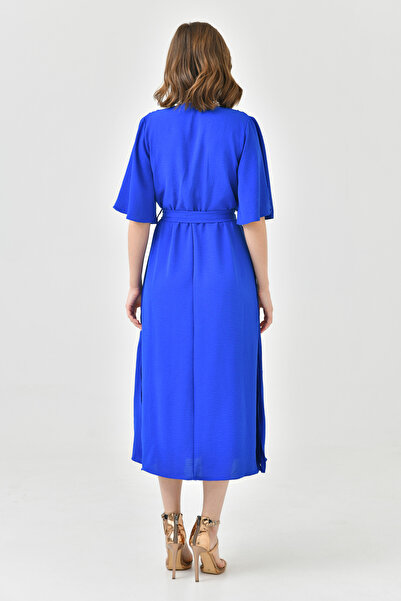 bayansepeti Жіноча аеробіка тканинний пояс Деталь талія на резинці Середня довжина 130 см Круазе комір Сакс Синя сукня 097