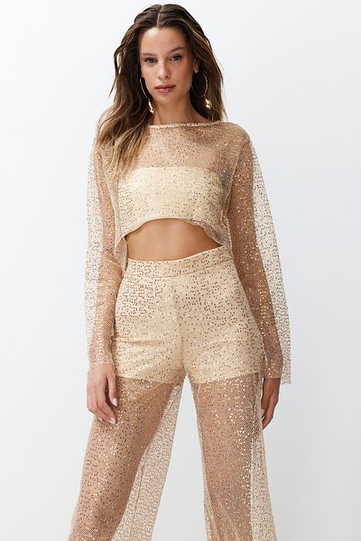 Trendyol Collection Πλεκτή μπλούζα μπεζ Crop με γκλίτερ παγιέτες - Χωρίς επένδυση TPRSS24BZ00009