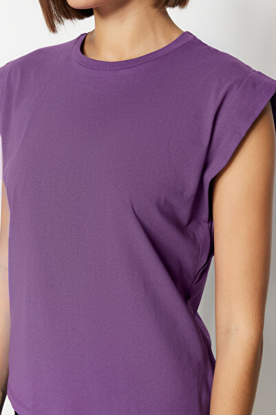 Trendyol Collection Sötétlila, 100% pamut vatta megjelenés Basic, nyakú, kötött póló TWOSS20TS0021